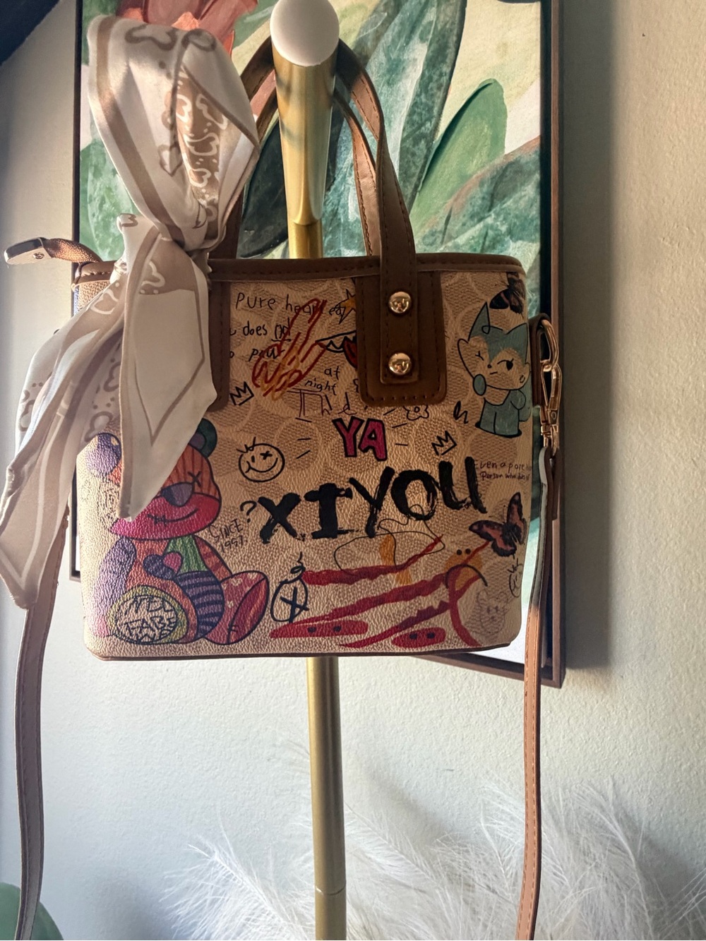Graffiti Teddy Bear Mini Satchel Crossbody Bag Cute Kawaii Street Art NWOT - Picture 8 of 13